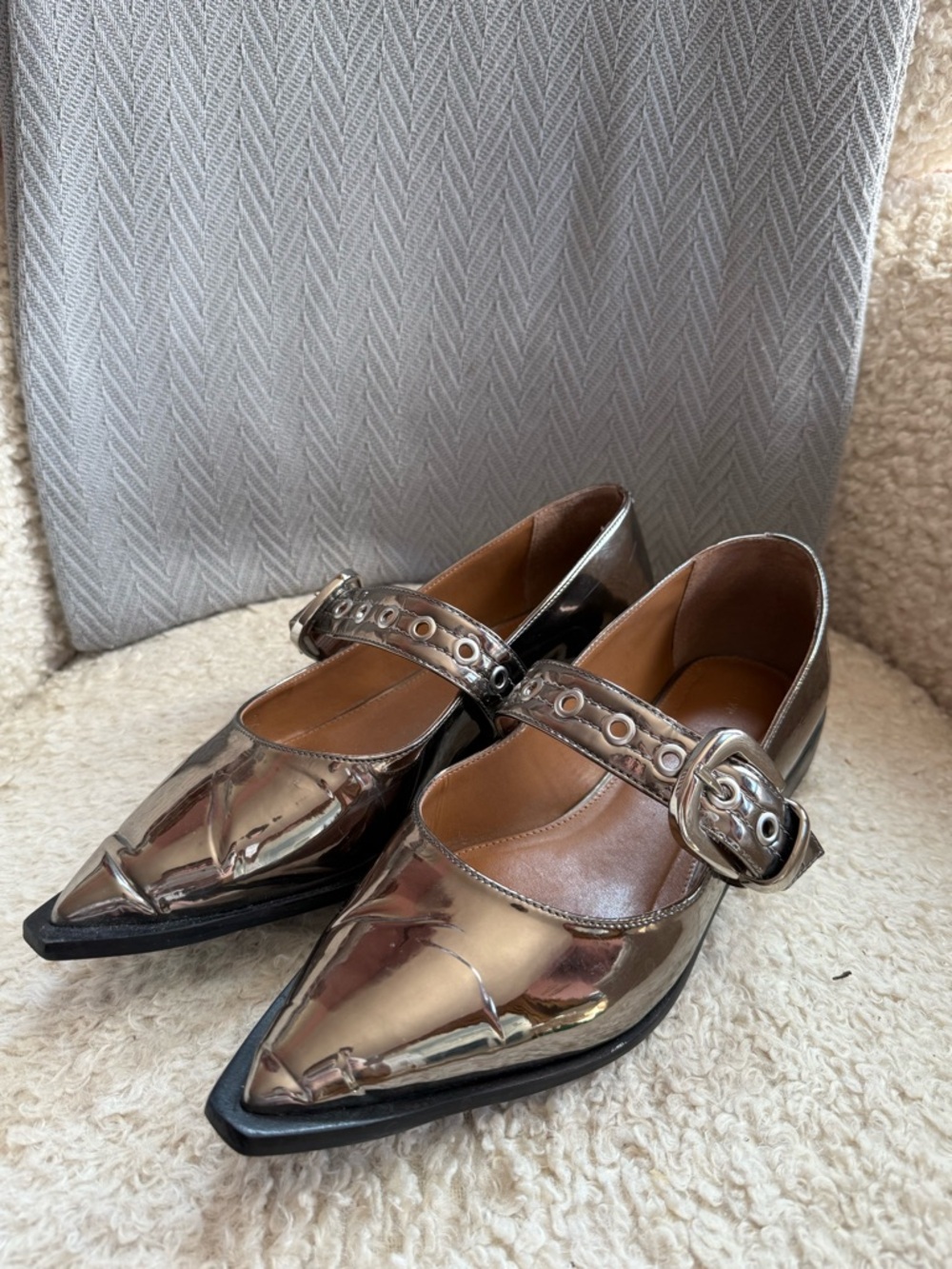 Maeve Metallic Silver Pointed Moto Mary Jane Flats